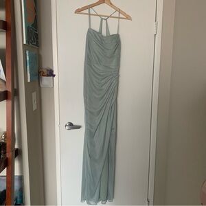 Azazie Kalea Stretch Dusty Sage Mermaid Pleated Mesh Dress